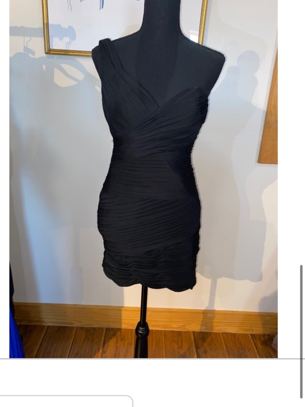 La Femme Black One-Shoulder Ruched Mini Dress